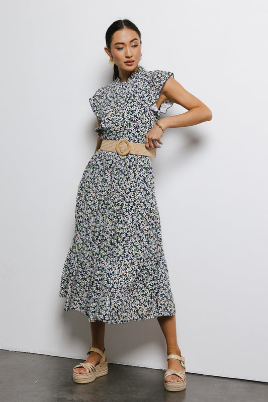 floral midi dress with woven belt