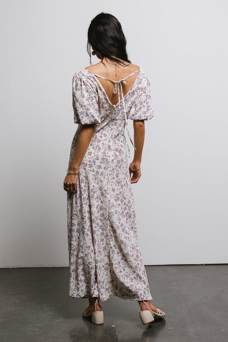 purple floral print dress with back tie