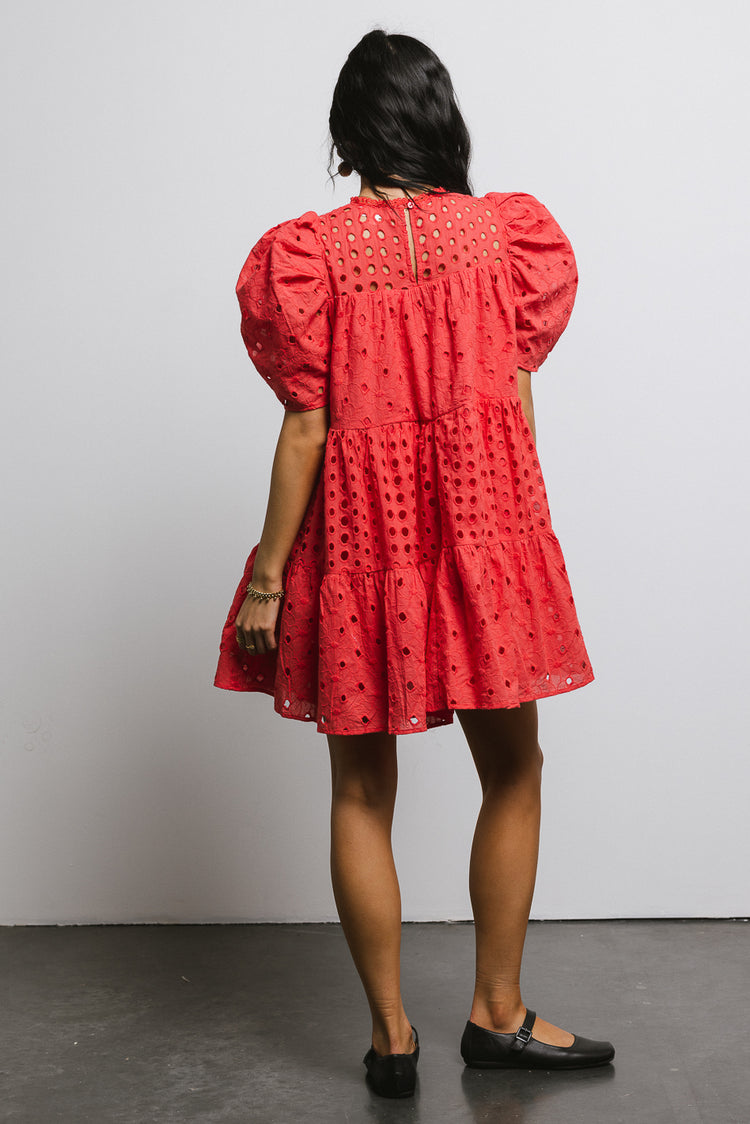 eyelet puff sleeve mini dress in red