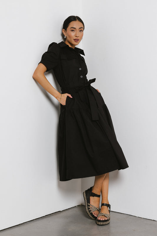 black midi dress with waist tie