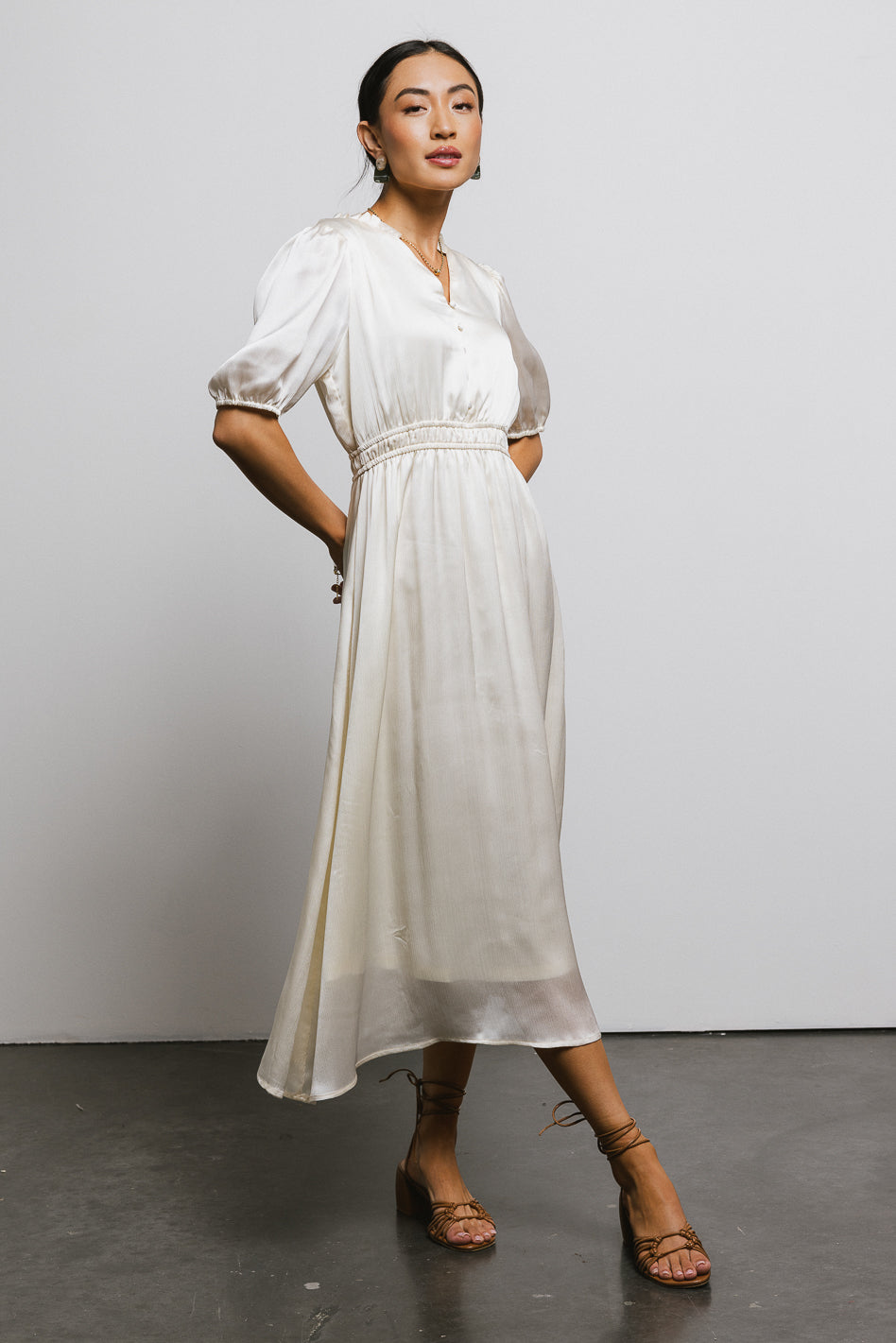 V-Neck Satin Midi Dress in Cream V-Neck Satin Midi Dress in Cream