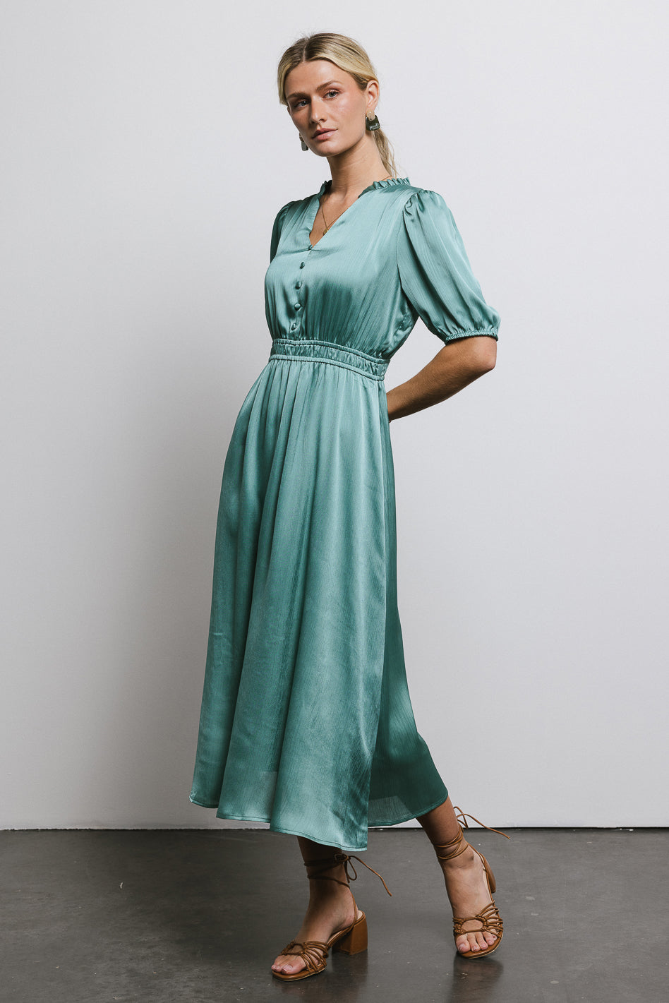 V-Neck Satin Midi Dress in Seafoam - FINAL SALE V-Neck Satin Midi Dress in Seafoam - FINAL SALE