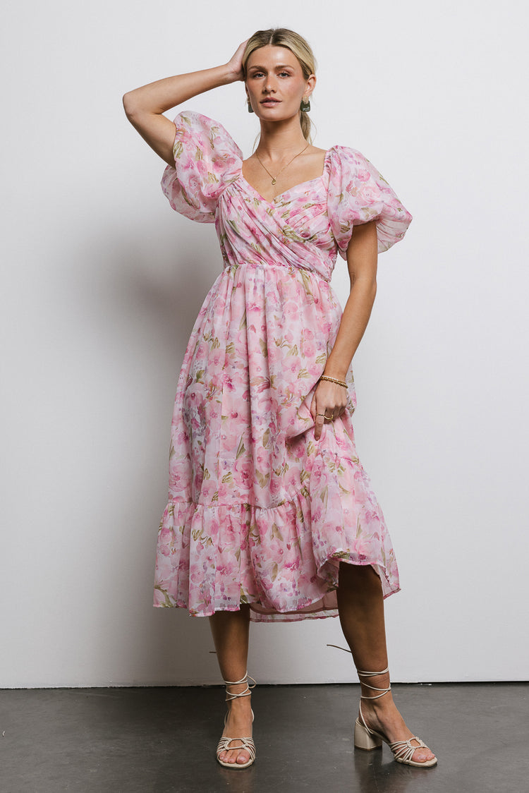 floral printed midi dress with puff sleeves in pink