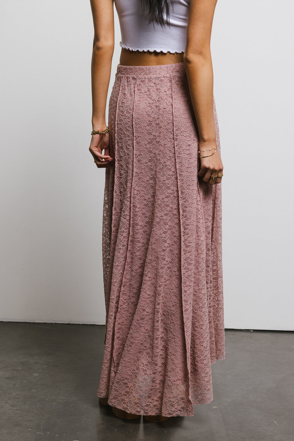 lace detail pink skirt