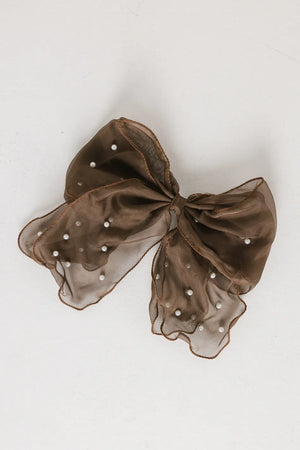 Pearl Bow Hair Clip in Brown