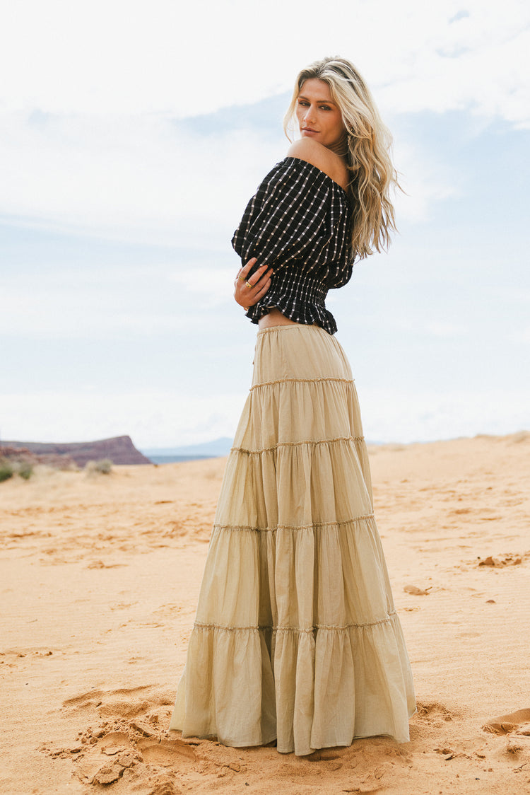 long maxi tiered skirt in tan