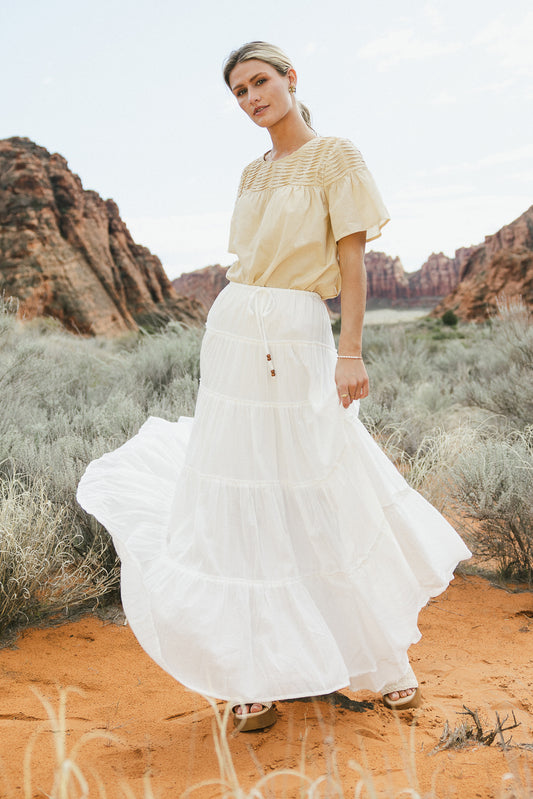 maxi tiered skirt in white with front ties