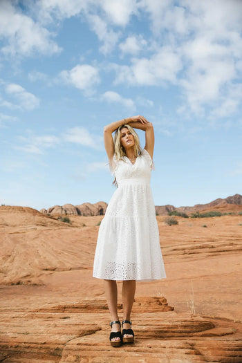 Tiered skirt eyelet midi dress in white 