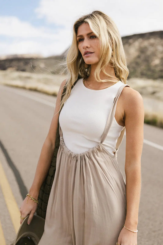 Adjustable straps overall in sand 