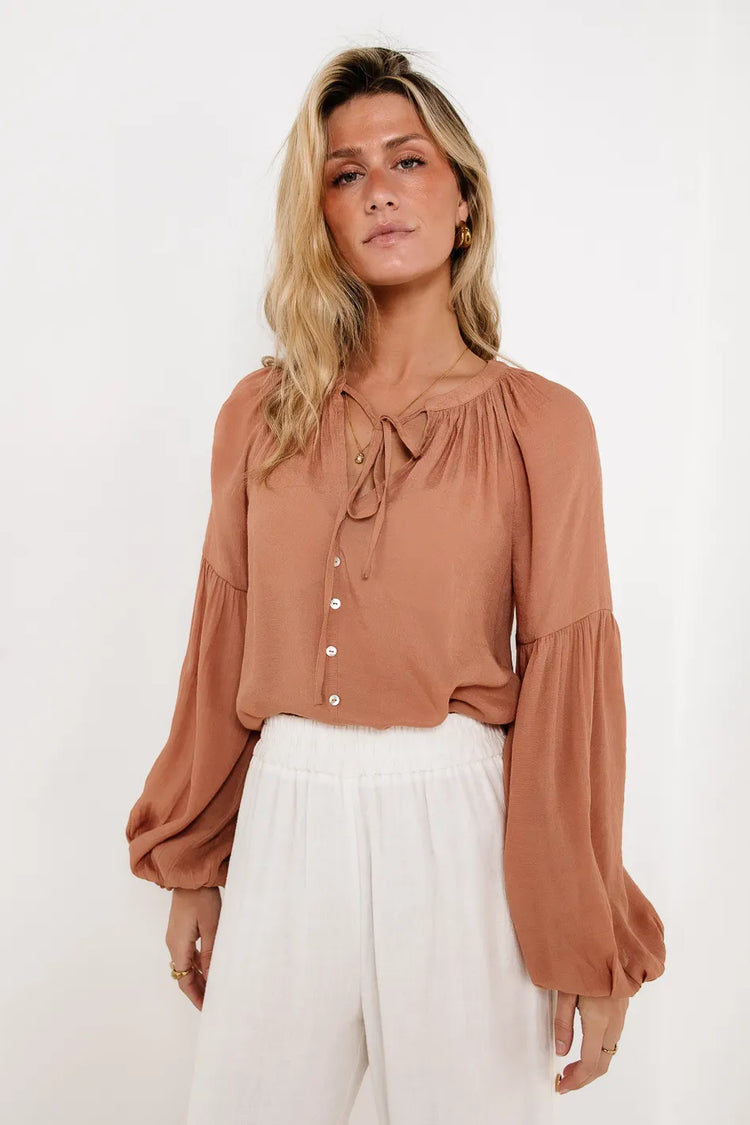 Front buttons detailed blouse in terracotta 