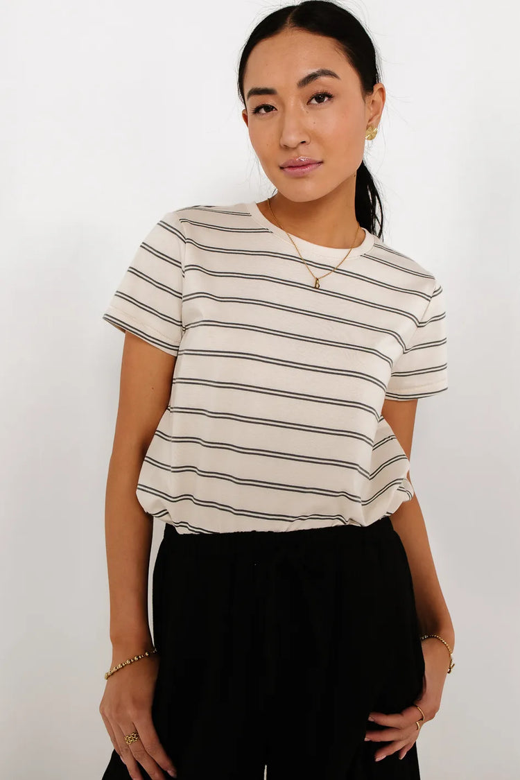 Knit striped top in cream 