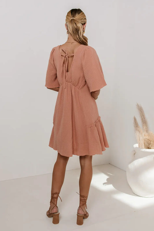 Adjustable back tie dress in terracotta 