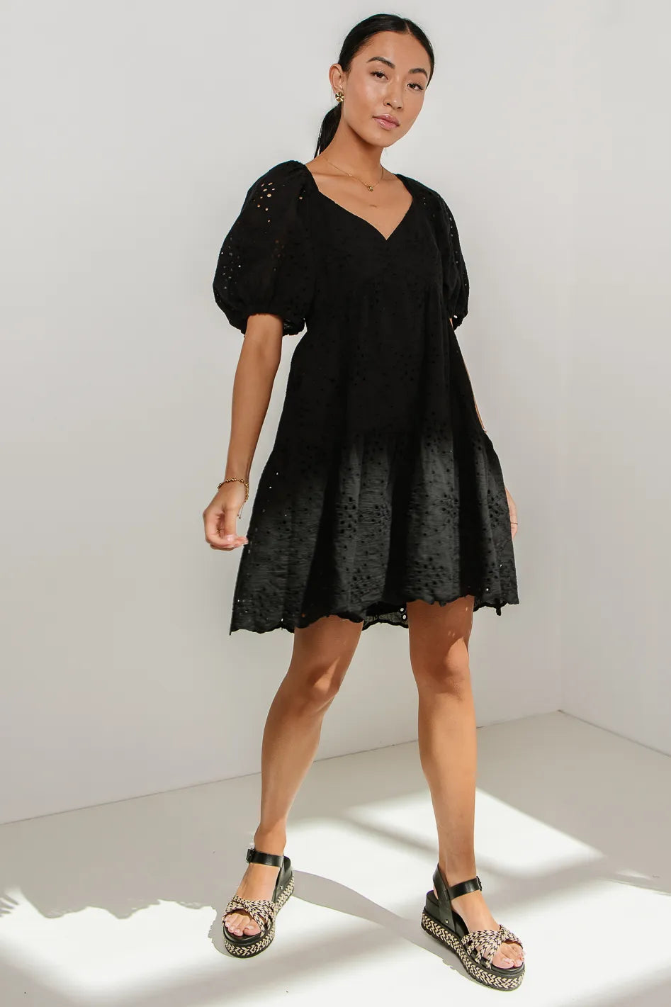 Jaime Eyelet Mini Dress in Black
