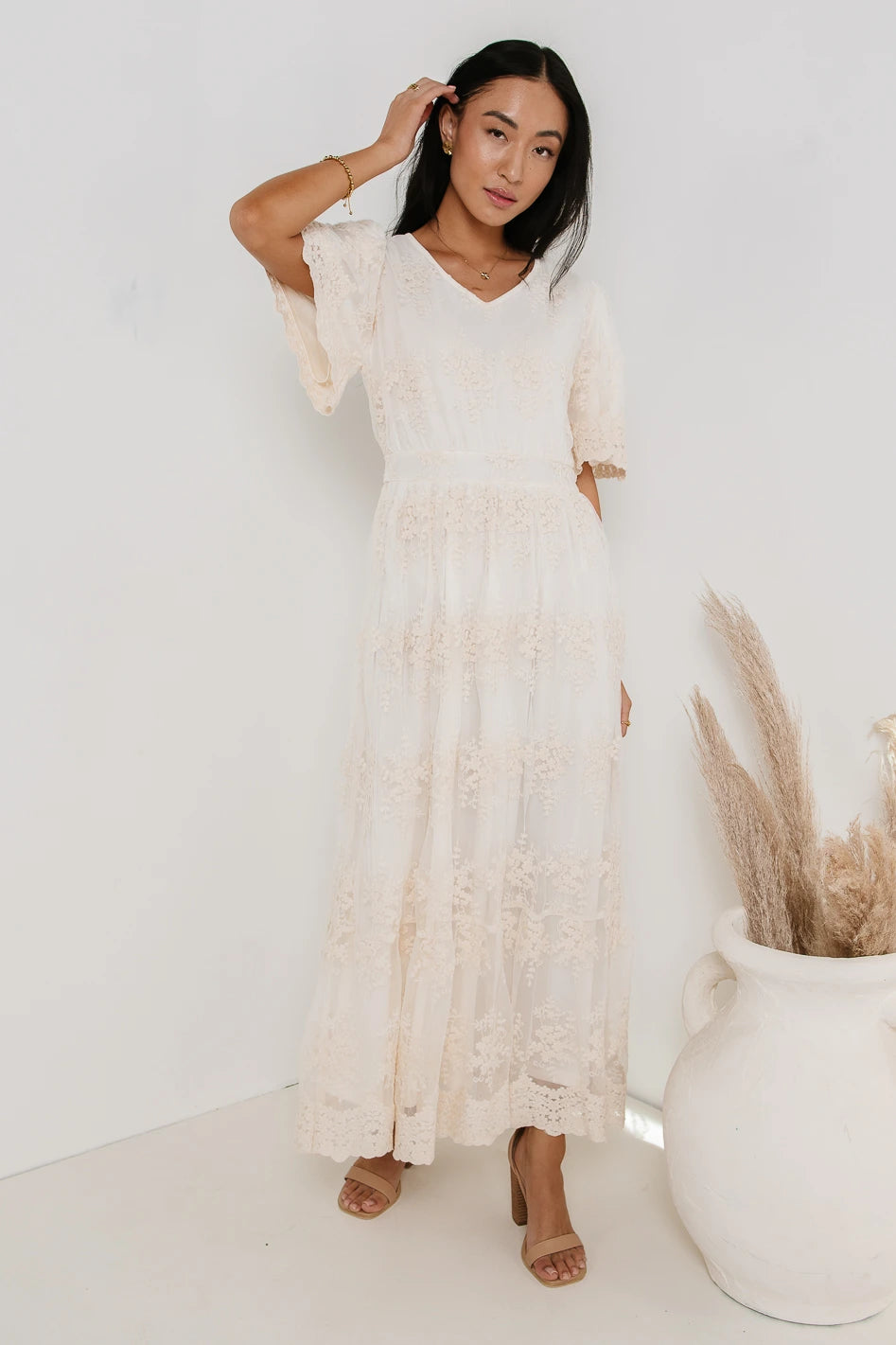 Cream Short Sleeve Midi Dress