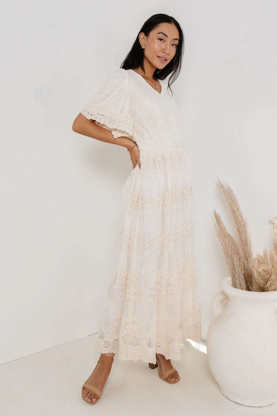 Cream Floral Lace Midi Dress
