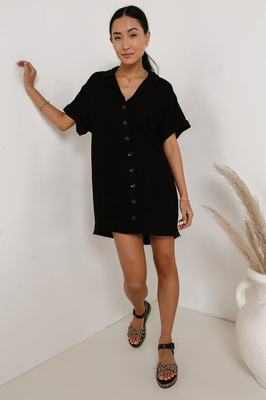 black mini dress with front buttons