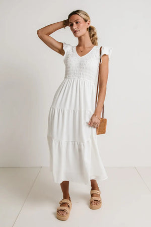 Rain Smocked Midi Dress in White