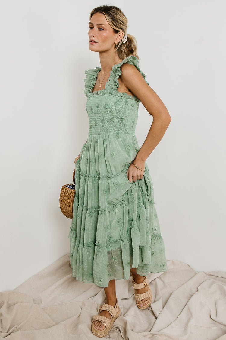 smocked tiered midi dress in sage