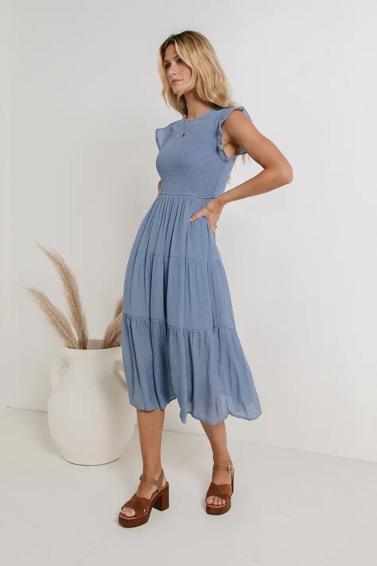Tiered skirt blue dress 
