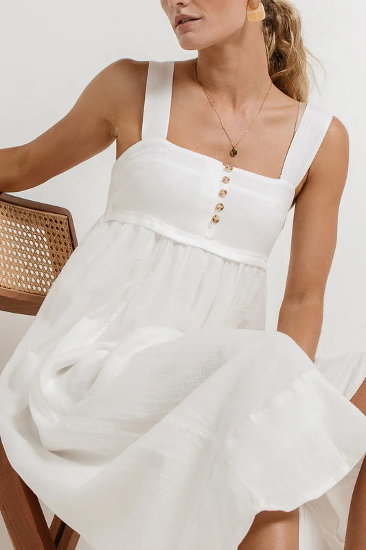Front button up top dress in white 
