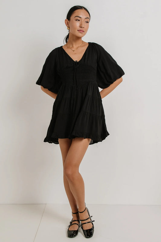 V-neckline black mini dress