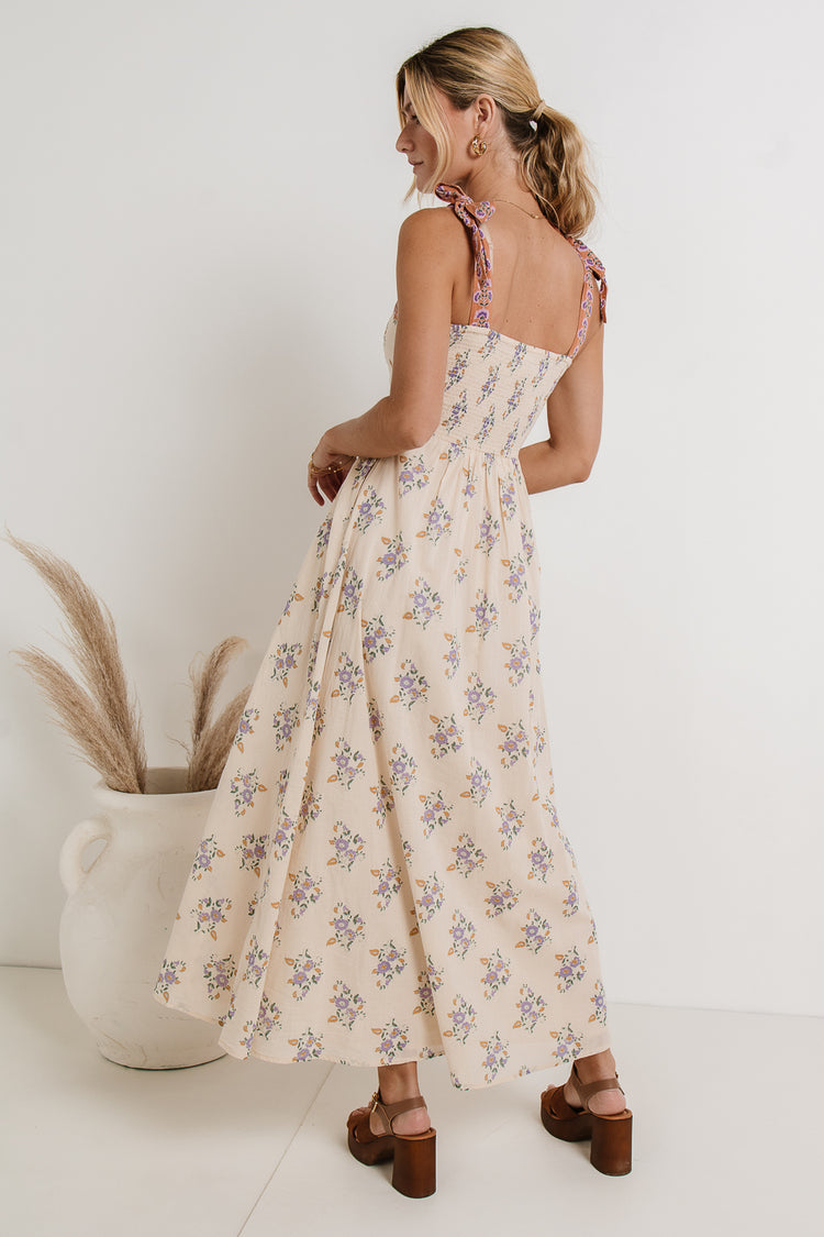 maxi dress with floral print and shoulder ties