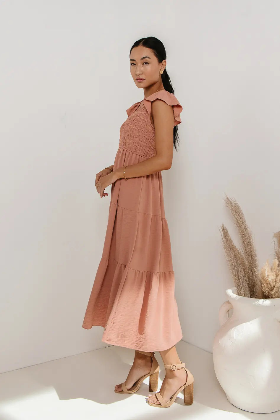 Peach midi dress with sleeves best sale