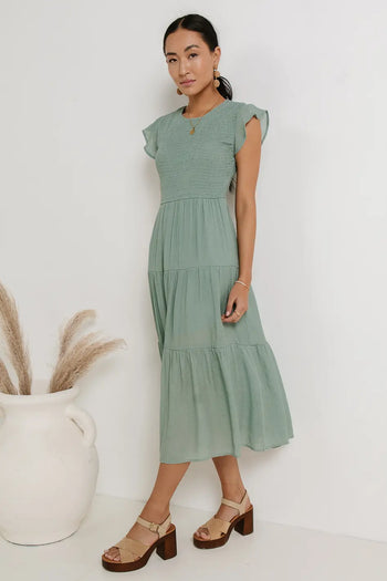 Tiered skirt dress in sage 