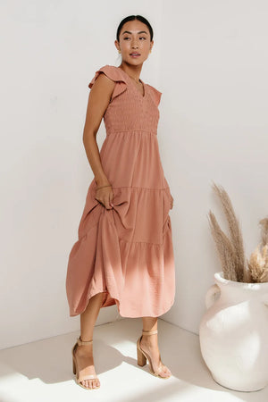 Rain Smocked Midi Dress in Peach - FINAL SALE