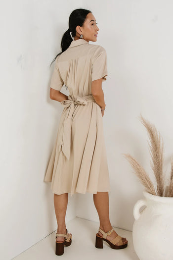 tie back on taupe midi dress