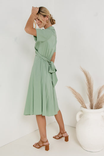sage midi dress with tie