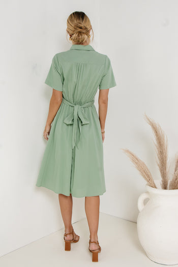 short sleeve collared dress with tie