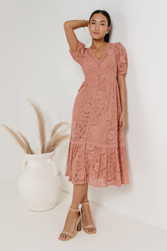 pink midi lace detail dress