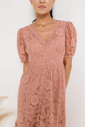 button front dress with scalloped v neck dress