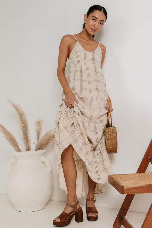 plaid dress in taupe
