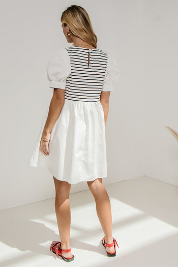 puff sleeve mini dress in white and black