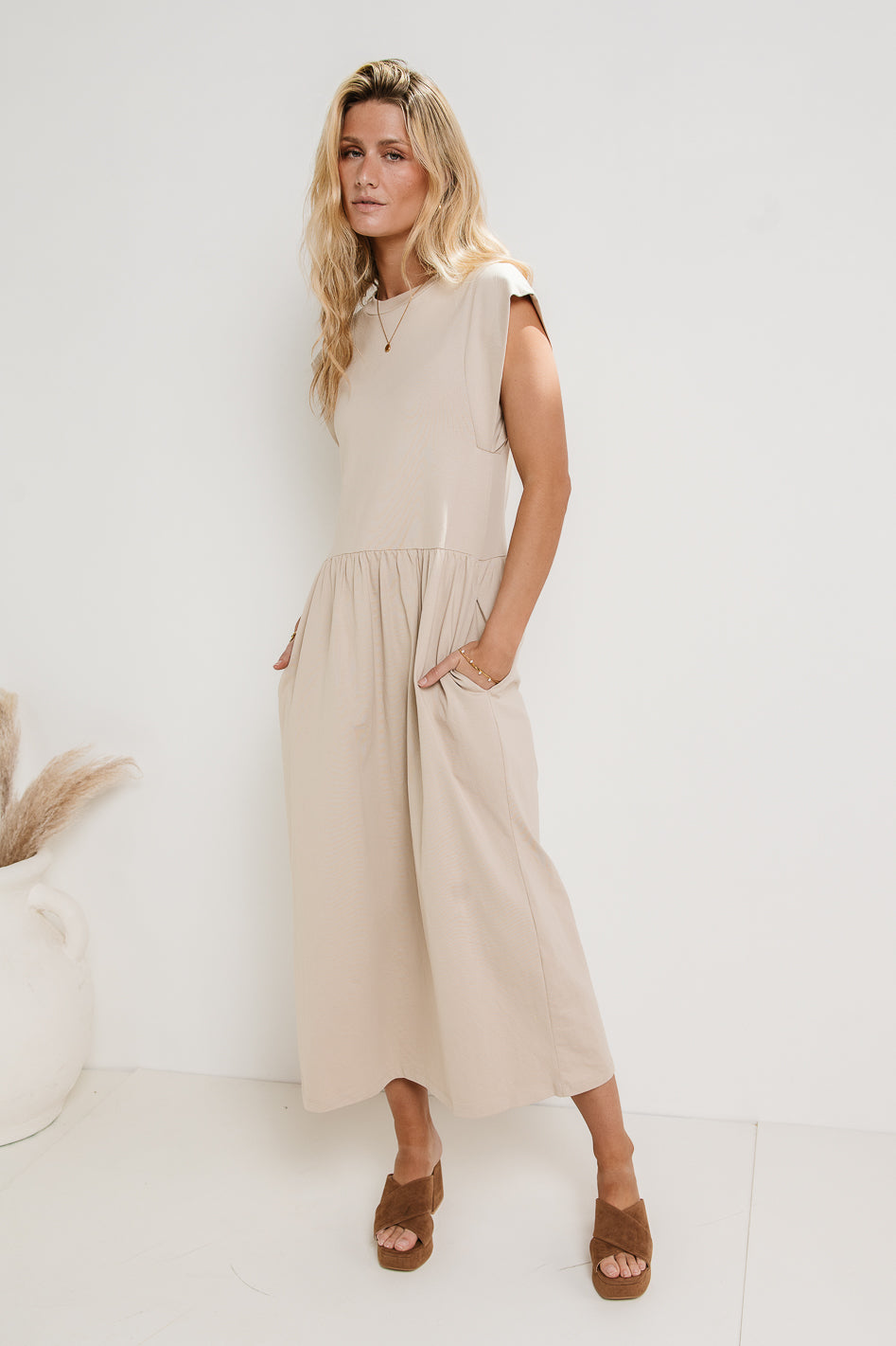 Louie Midi Dress in Beige
