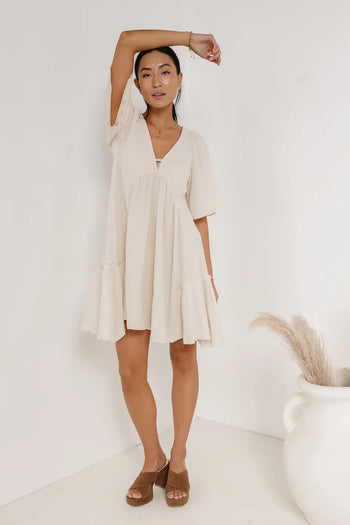 Woven mini dress in cream 
