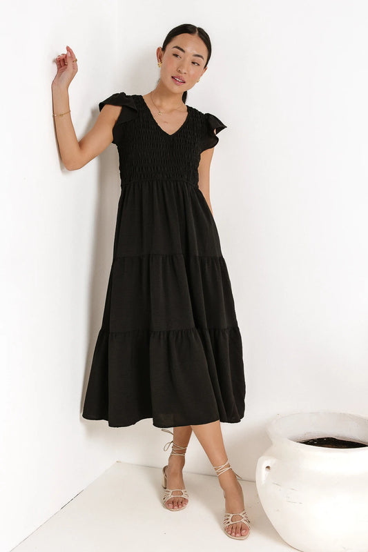 Rain Smocked Midi Dress in Black