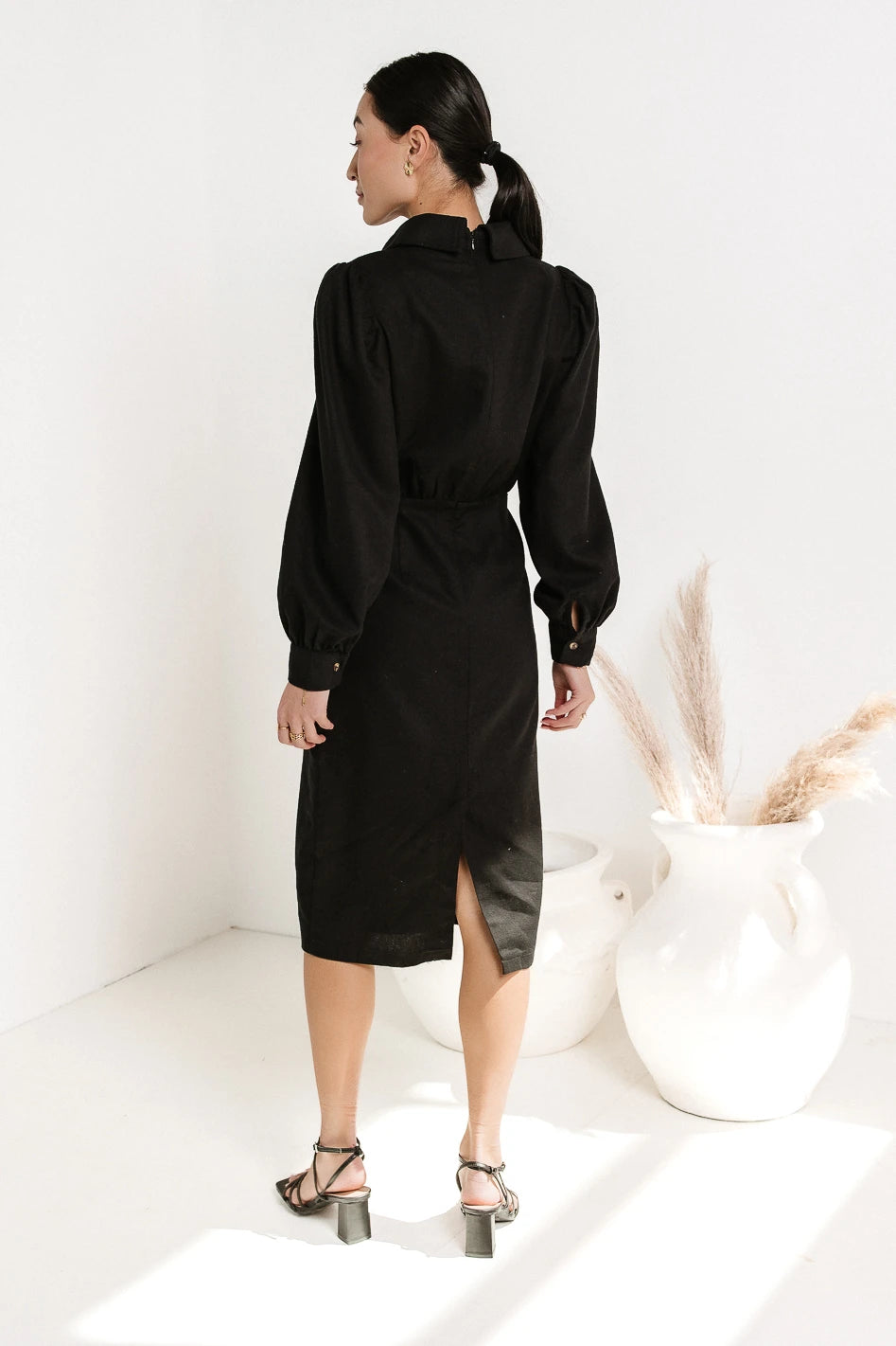 zipper back closure on midi dress