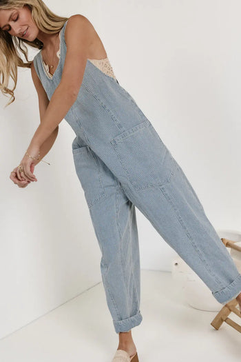 Denim light wash striped jumpsuit 