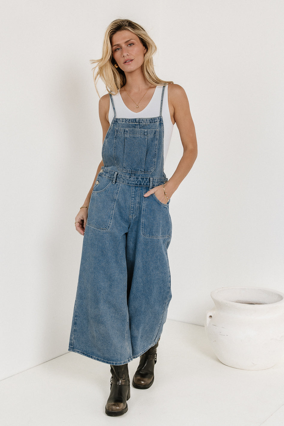 wide leg denim overalls 