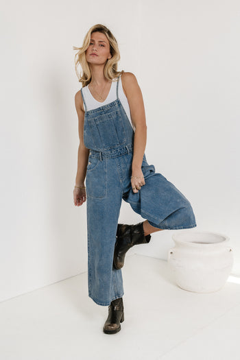 dark wash wide leg overalls