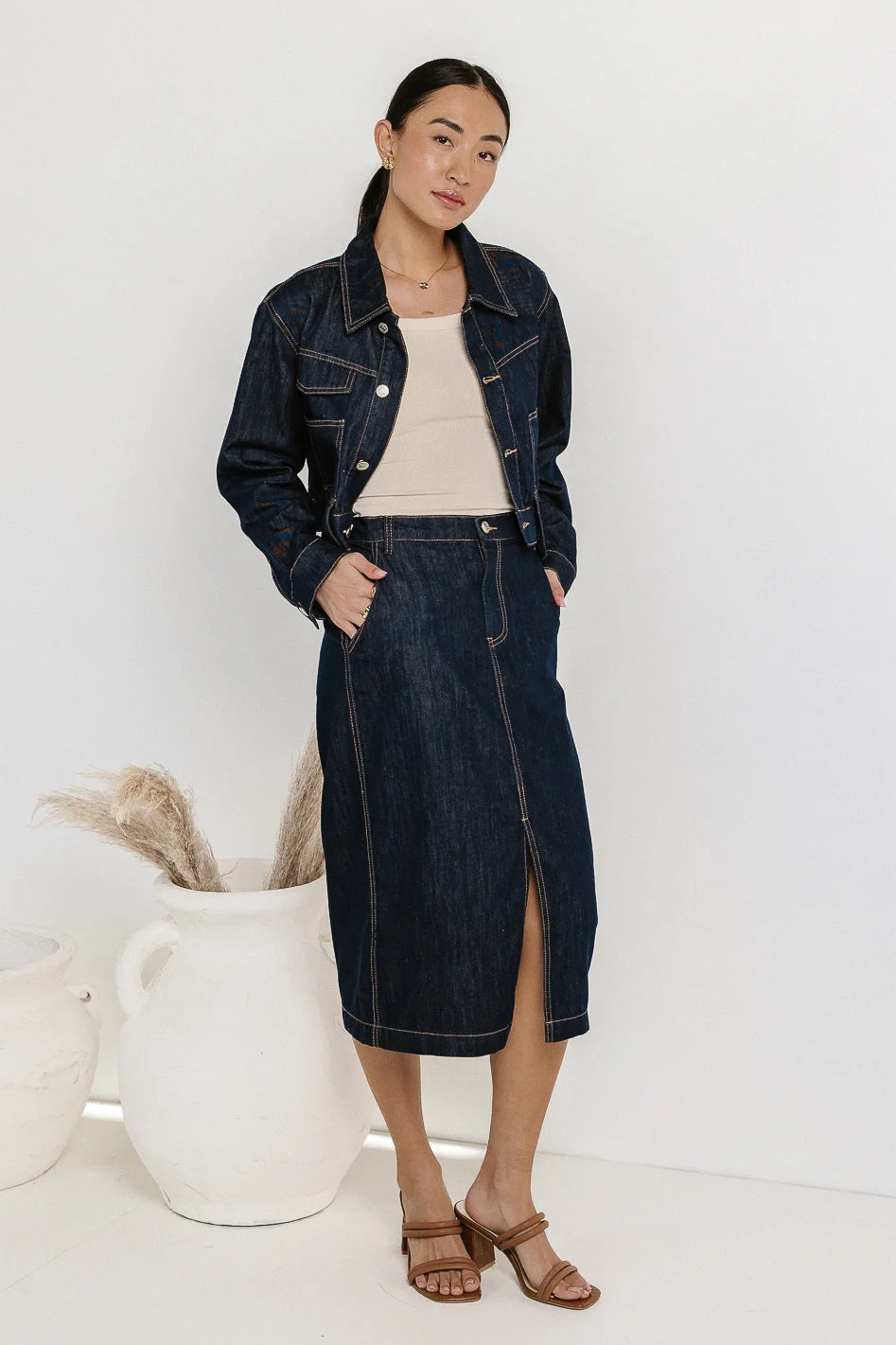 Slit in front on denim skirt