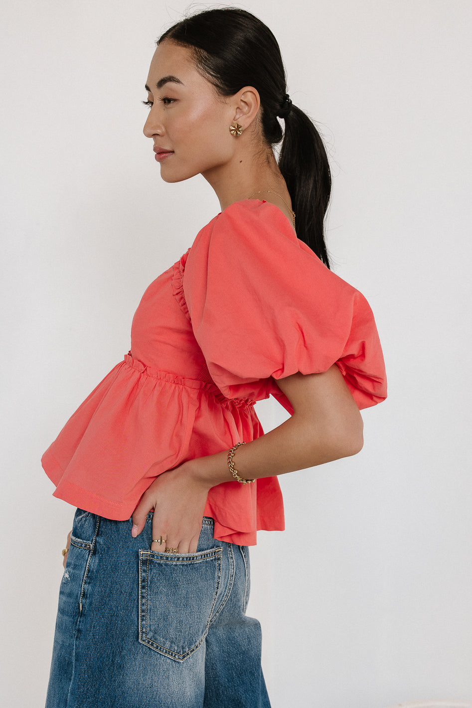 Ruffle Peplum Top in Coral FINAL SALE bohme