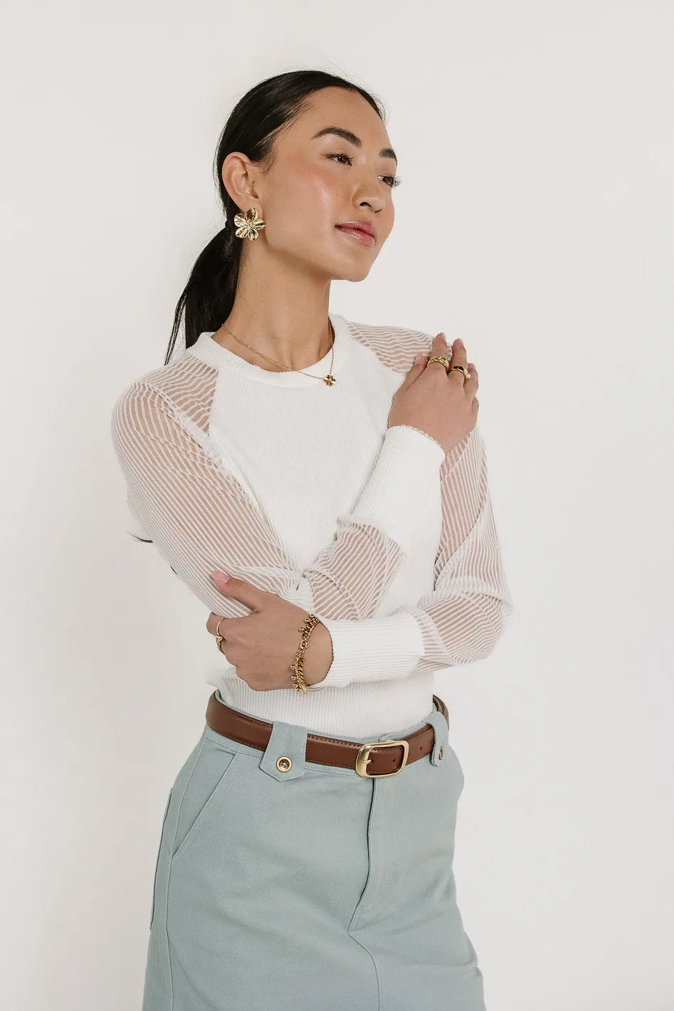 Sheer sleeves top in white 