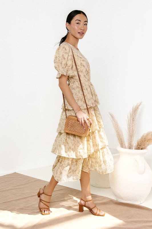 tiered midi floral print dress