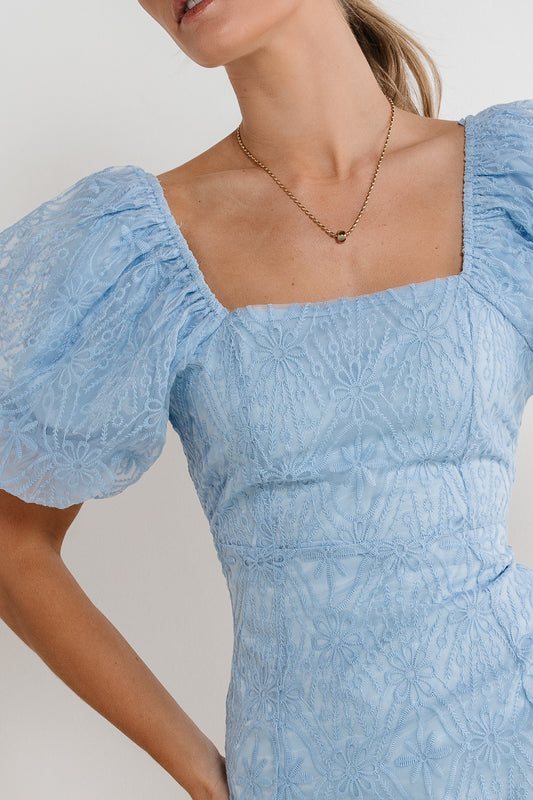 FLORAL LACE DETAIL ON BLUE DRESS