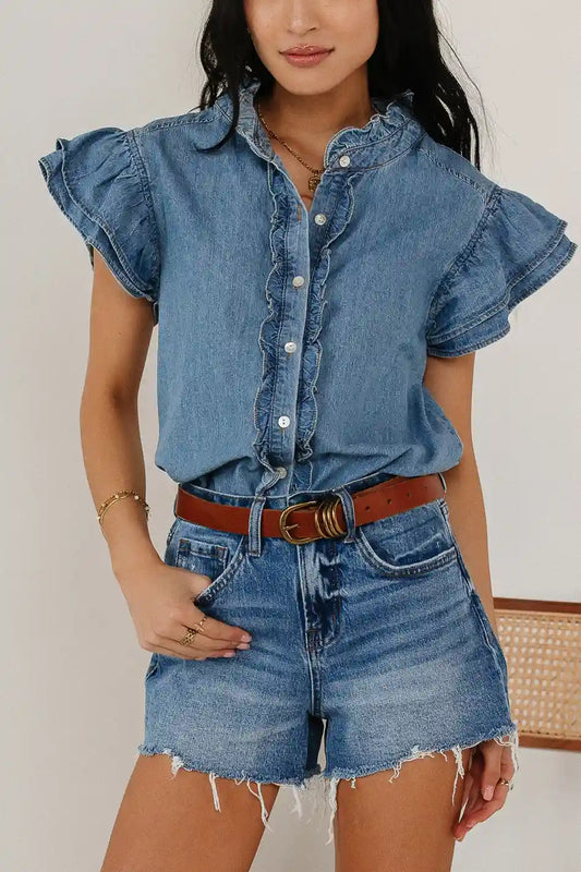 DENIM BUTTON UP WITH RUFFLE DETAIL