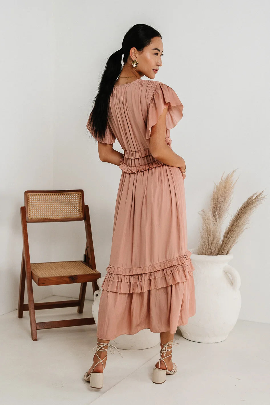 blush pink ruffle dress Strapless Blush Pink Ball Gown Wedding Dresses Organza Ruffle Wedding Dress AWD1280